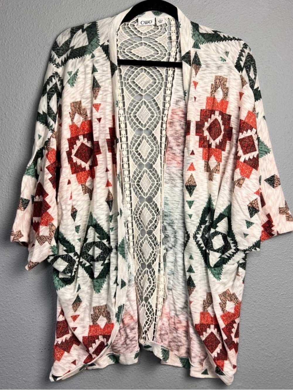 Cato Open-Front Aztec Print Cardigan - Cream with Red & Green